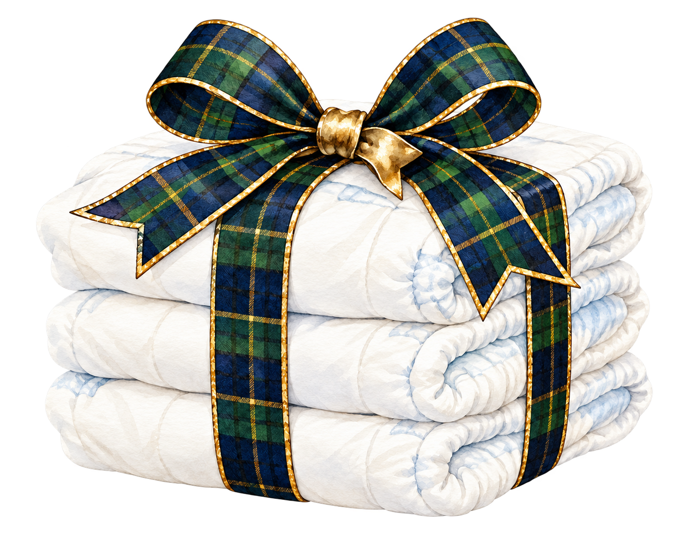 A stack of diapers tied with a navy and green tartan bow