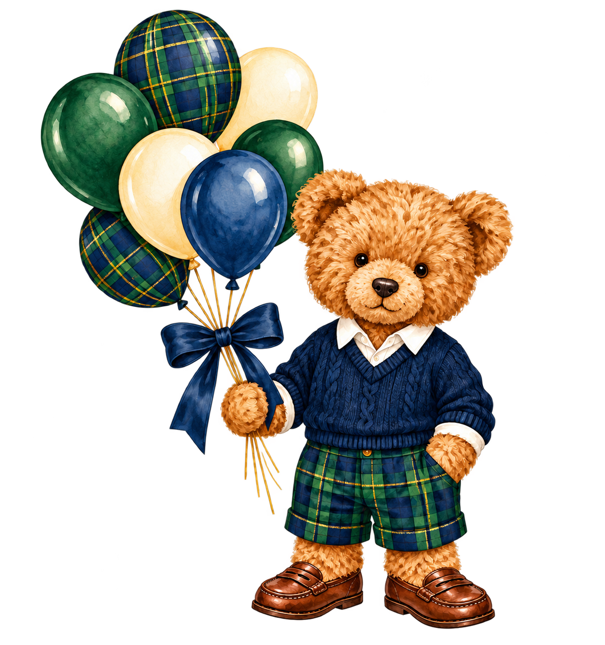 Teddy bear in a navy sweater and tartan shorts holding balloons